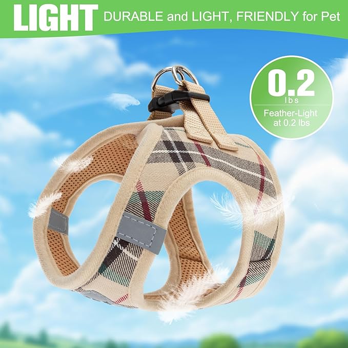 EXPAWLORER Plaid Small Dog Harness and Leash Set with AirTag Holder - Soft Padded Step in Dog Vest Harness Medium Sized Dog, No Pull Reflective Puppy Harness, Collar and Leash for Walking, Khaki XXS