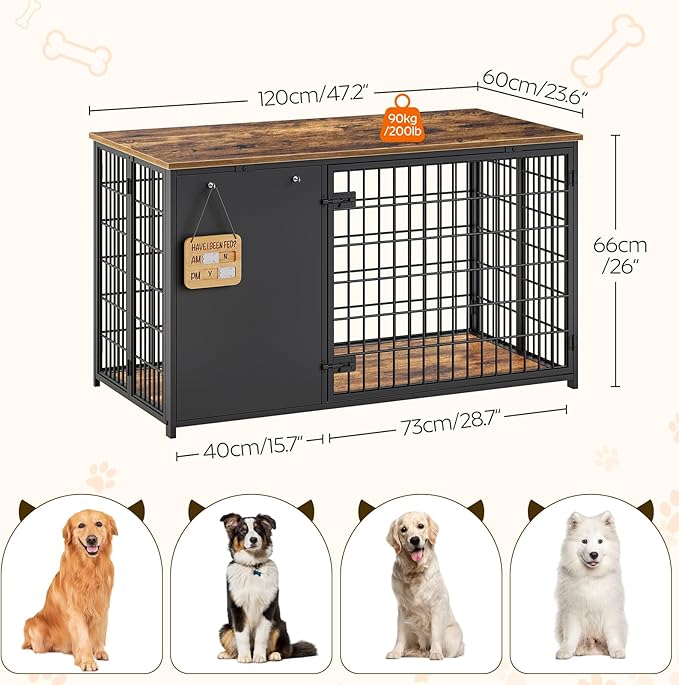 Foldable Dog Crate Furniture, 47.2" Dog Crate with DIY Frame, Heavy Duty Dog Kennel Indoor with Hooks, Wooden Dog Cage End Table, for Small/Medium/Large Dogs, Rustic Brown DC120BR