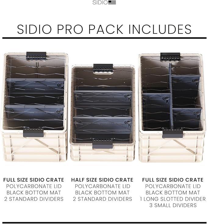 SIDIO Crate Pro Pack - 2 Full-Size & 1 Half-Size Heavy Duty Stackable Storage Bins, Totes and Containers with Lids and Dividers - Durable Organizer for Home, Office, Garage, and Outdoor Use
