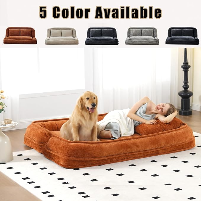 Double Human Dog Bed for Adult and Kids, Comfy Foldable Lazy Floor Loveseat Sofa Bed with 5 Adjustable Position, Upholstered Floor Bean Bag Lounger Chair for Bedroom, Living Room,Office (Orange.)