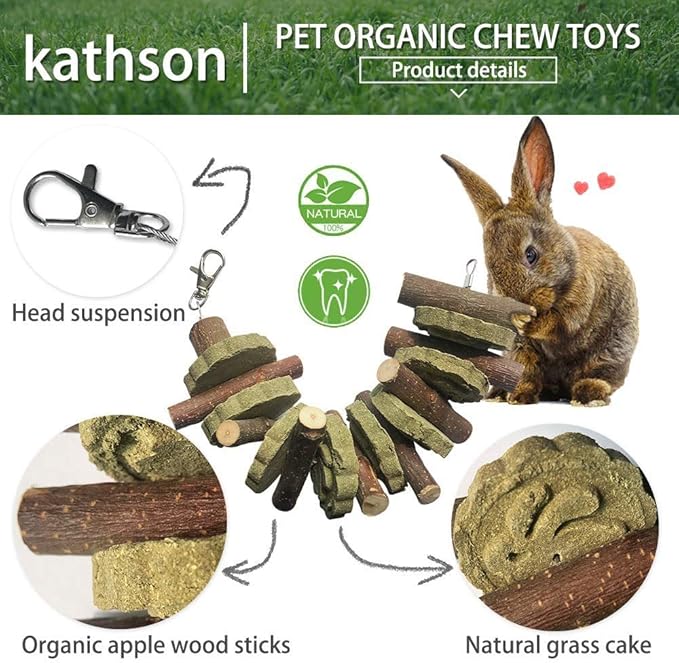kathson 4PCS Bunny Chew Toys for Teeth Grinding, Chinchilla Treats Organic Bamboo Sticks Natural Fruitwood Branches for Rabbits Guinea Pigs Hamsters (Fruitwood Sticks+Alfalfa Cakes)
