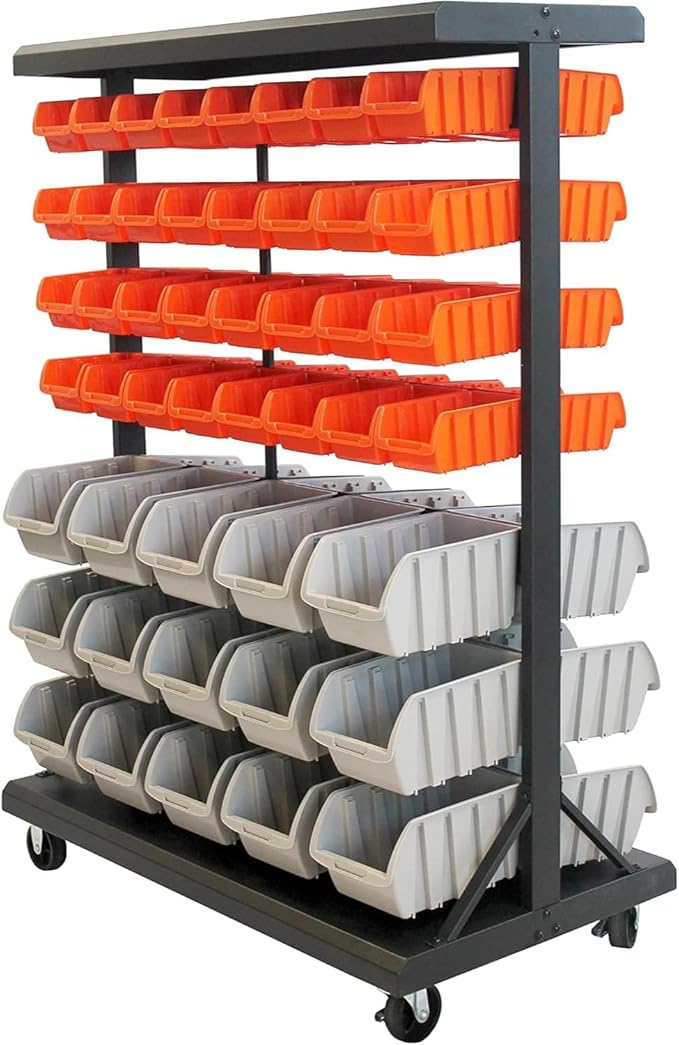 TRINITY 7-Tier Dual-Sided Rolling Bin Rack, 330 Pound Capacity, Includes 94 Organizer Bins, 19.75" x 35.5" x 48.5", Black