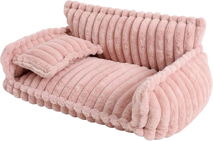 Fluffy Pet Couch Bed with Removable Washable Cover, Soft Rabbit Plush Dog Cat Bed for Small Medium Pets, L Size Pink Couch with Non-Slip Bottom and Pillow (Pink)