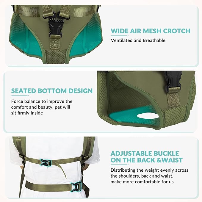 Dog Carrier Backpacks, Adjustable Dog Backpack Carrier, Legs Out Easy-fit Dog Chest Carrier for Medium Small Dogs, Hands Free Dog Front Carrier for Hiking, Cycling（Green L）