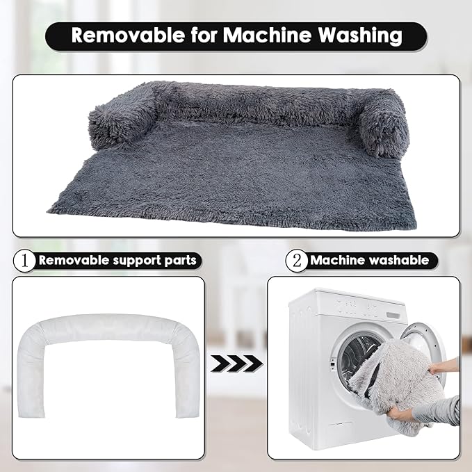 Large Washable Removable Calming Dog Bed,Fluffy Plush Dog Couch Bed,Couch Cover for Dogs with Dogs Landing Furniture Protector,Dog Beds for Large Dogs and Cats.(L(41x37x6),Dark Grey)