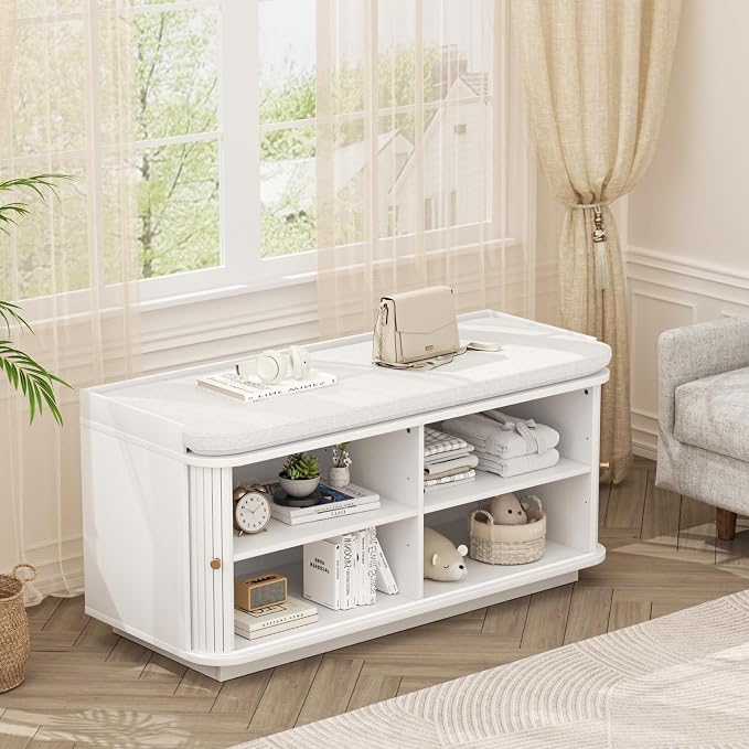 Hall Tree with Bench and Shoe Storage, Entryway Bench with Sliding Door Cabinet