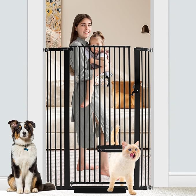 55 Inch Extra Tall Pet Gate with Small Cat Door, 29.55"-40.55" Adjustable Wide Dog Gate, Tall Cats Gates for Doorway, Stairs, House(Black)