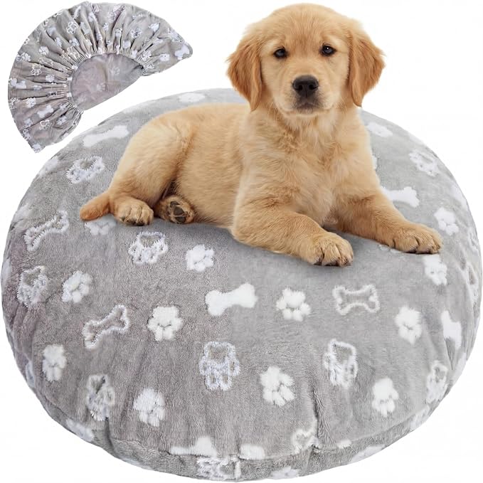 Oudain Washable Round Dog Bed Cover 30 x 30 x 10 Gray Paw Bone Prints Waterproof Dog Bed Cover Replacement for Round and Donut Dogs Beds Scratch Resistant Mattress Protector