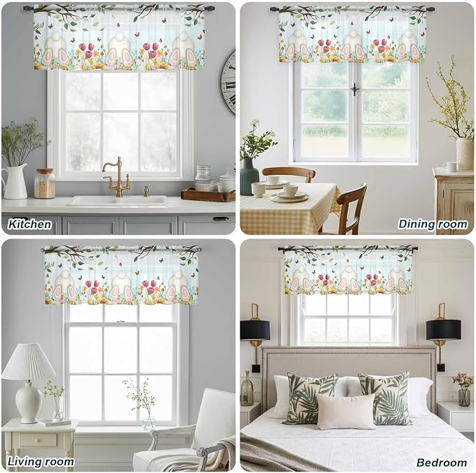 Easter Sheer Valances for Windows 42"x18", Light Filtering Kitchen Curtains