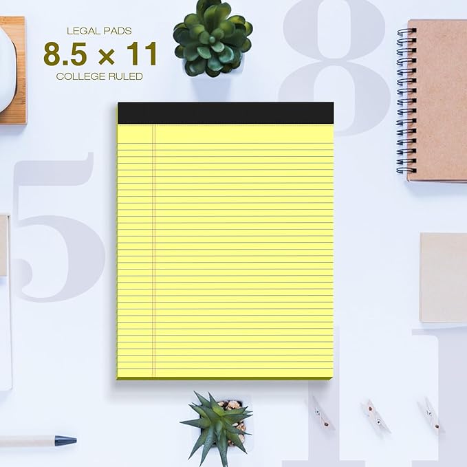 6 Pack Legal Pads 8.5" x 11" College Ruled Yellow Note Pads 8.5 x 11 Inch Micro-Perforated Notepad 300 Sheets in Total Lined Writing Paper Notebook for Office, School Supplies & To-Do Lists