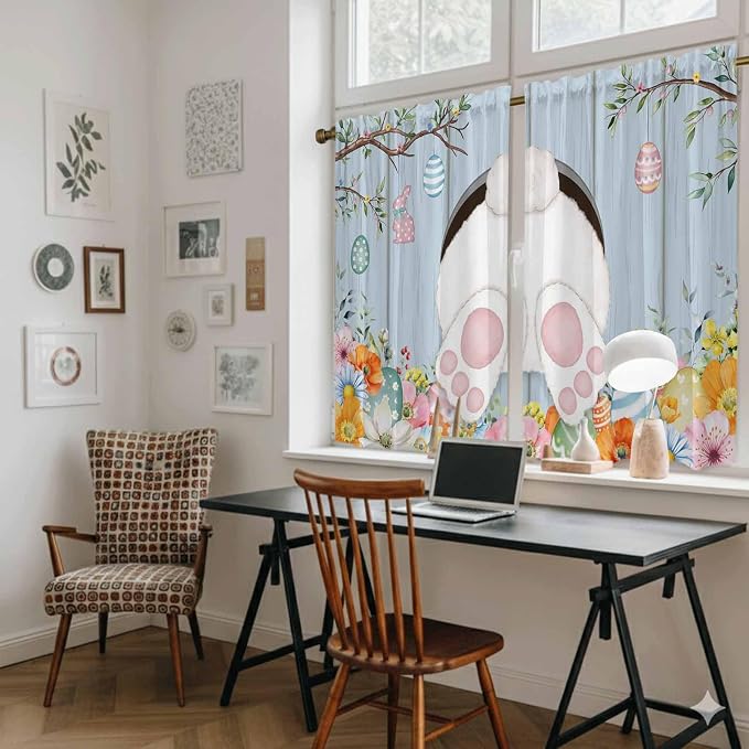 Easter Kitchen Tier Curtains 45 Inch Long 2 Panel Set, Rod Pocket Short Window