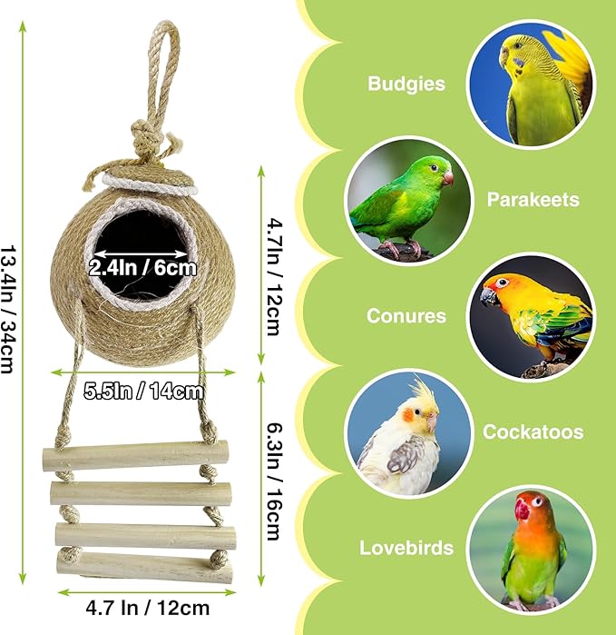 Tfwadmx Coconut Hide with Ladder, Natural Coconut Fiber Hanging Birdhouse Cage, Handmade Sisal Rope & Coconut Bird Shell Breeding Nest for Parrot Parakeet Lovebird Finch Canary (2 Pcs Brown)