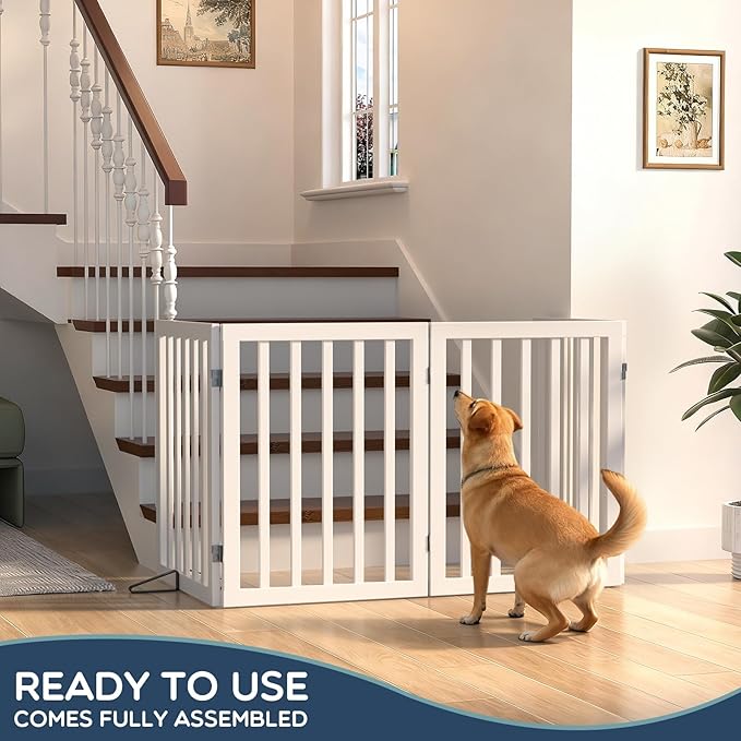 Homykic Bamboo Freestanding Dog Gate, No Assembly Pet Gate Indoor, 24”H x 75”W Extra Wide Foldable Puppy Barrier Fence with Support Feet for The House, Doorways Stairs, 4 Panels, No Drilling