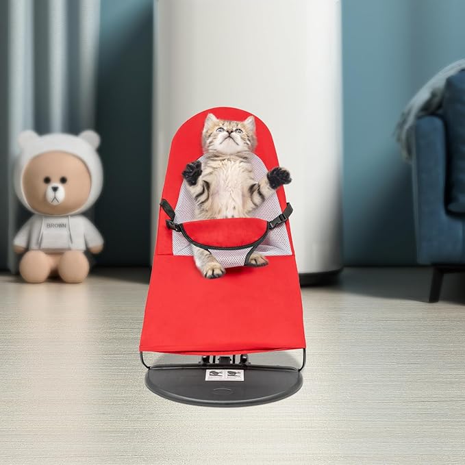 Pet Rocking Chair, Portable Foldable Pet Rocker Bed with 3-Level Adjustable Height, No Assembly Required Breathable Pet Lounger for Small Dogs & Cats Under 33lbs (Red)