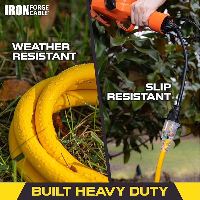 Iron Forge Cable 10 Gauge 10ft Lighted Outdoor Heavy Duty Extension Cord with 3 Outlets - 15 Amp 10/3 SJTW Yellow Extension Cord with Multiple Outlets