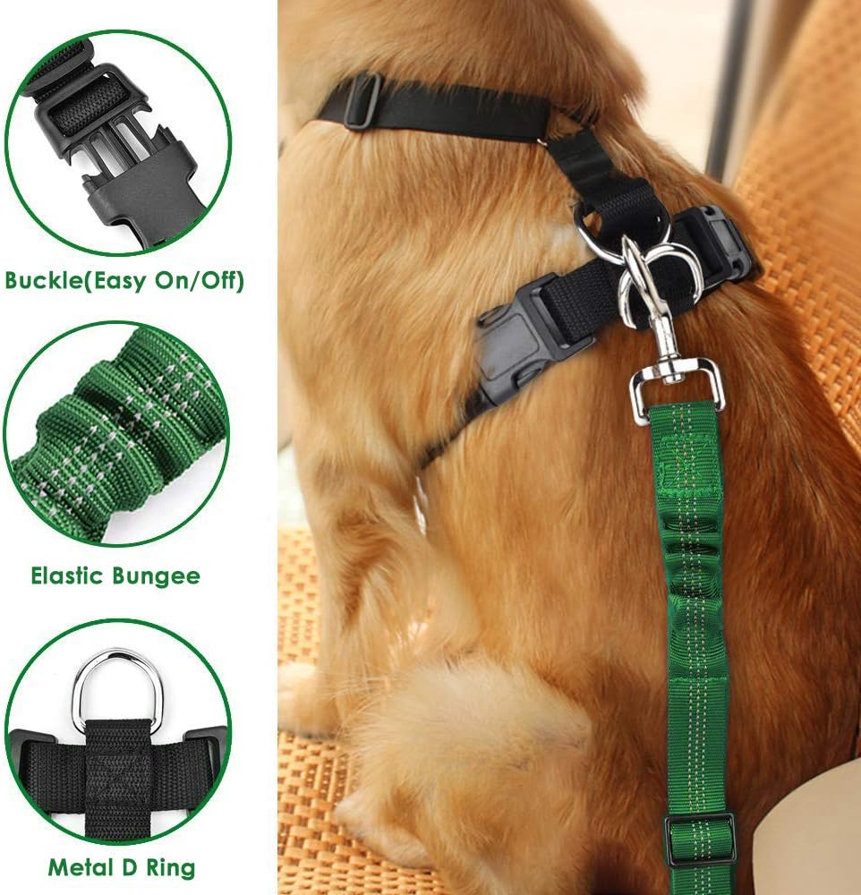 Lukovee Dog Seat Belt - Adjustable Dog Car Harness for Large, Medium & Small Dogs, Soft Padded & Breathable Mesh Dog Seatbelt with Vehicle Connector Strap (Green, Small)