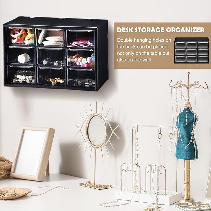Amyhill 6 Pcs Mini Drawer Organizer Small Organizer with 9 Drawers Plastic Desktop Craft Storage Box for Office Home Room Jewelry Cosmetics Collection(Black)