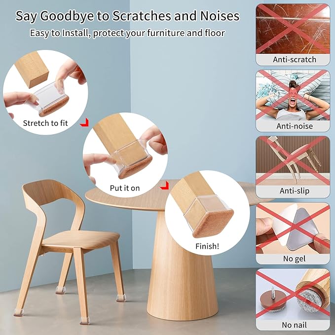 Ezprotekt 24 Pcs XL Square Clear Chair Leg Floor Protectors, Silicone Felt