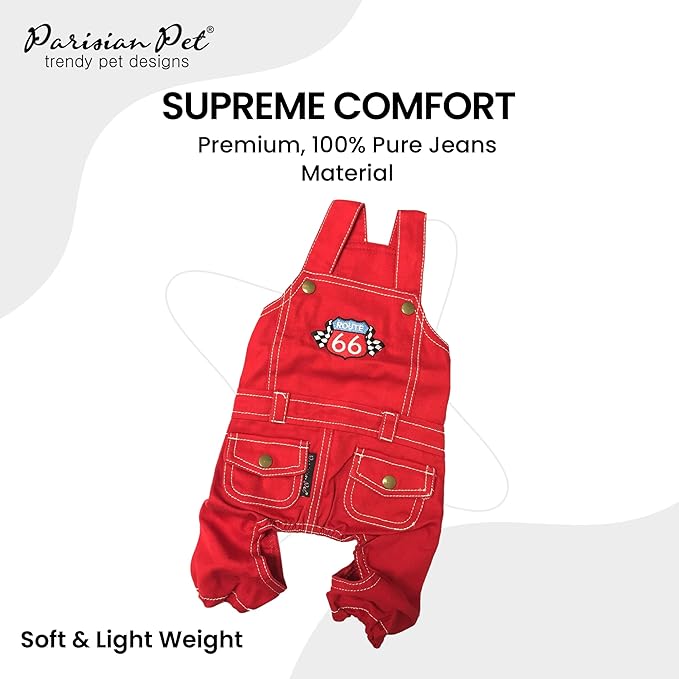 Parisian Pet Denim Overall w/ Embroidered Route 66 ' Red Dog Jumpsuit - Breathable, Machine Washable Dog Outfit - Large Dog, 2XL
