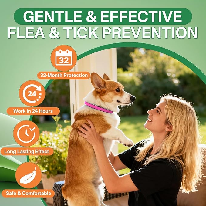 Flea and Tick Prevention for Dogs Collar 4 Pack, Natural Flea Collar for Dogs 32-Month Full Protection, Adjustable Dog Tick Prevention for Puppy & Dog, Waterproof, 2 Pink & 2 Blue