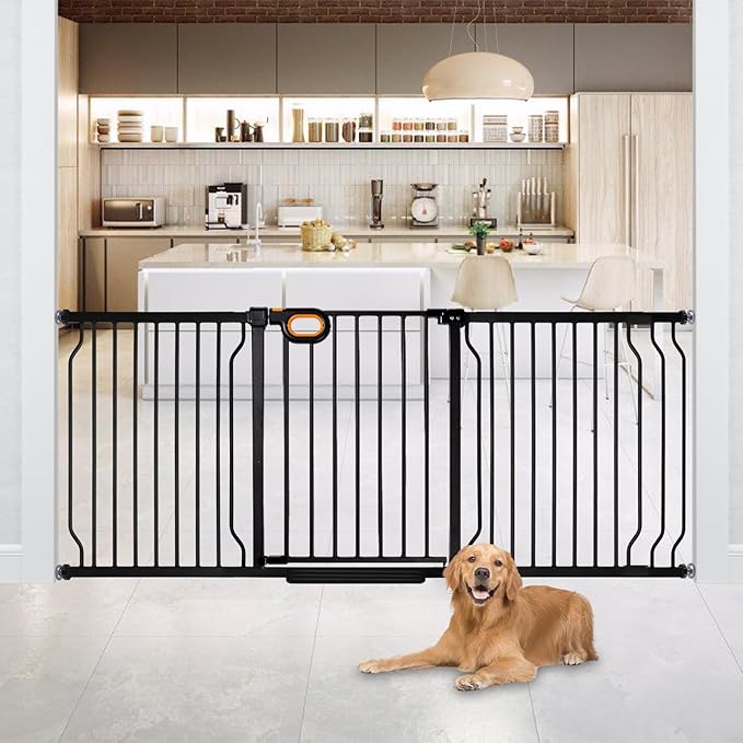 Owlie Baby Gate with Door 66-75 Inch, Extra Wide Stair Gates for Kids Adjustable Wide Dog Pet Gate Stairway Large Baby Gates Pressure Mount for Pets for House Stairway Doorway Black (30.5'' Tall)