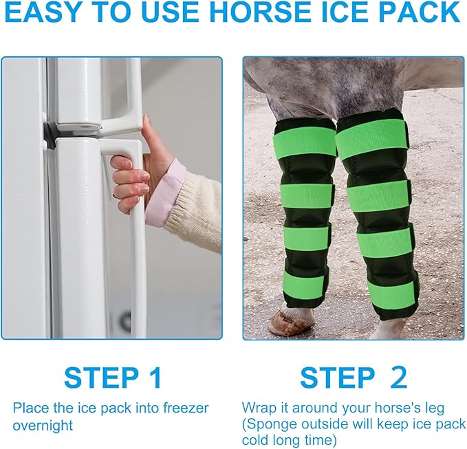 Horse Ice Pack, Ice Boots for Horse Injuries, Cooling Horse Leg Wraps for Hock, Ankle, Knee, Legs, Boots, and Hooves, Cold Compression for Horse Care, Hock Sprain, Set of 2, 16.9'' x 16.1'', Green