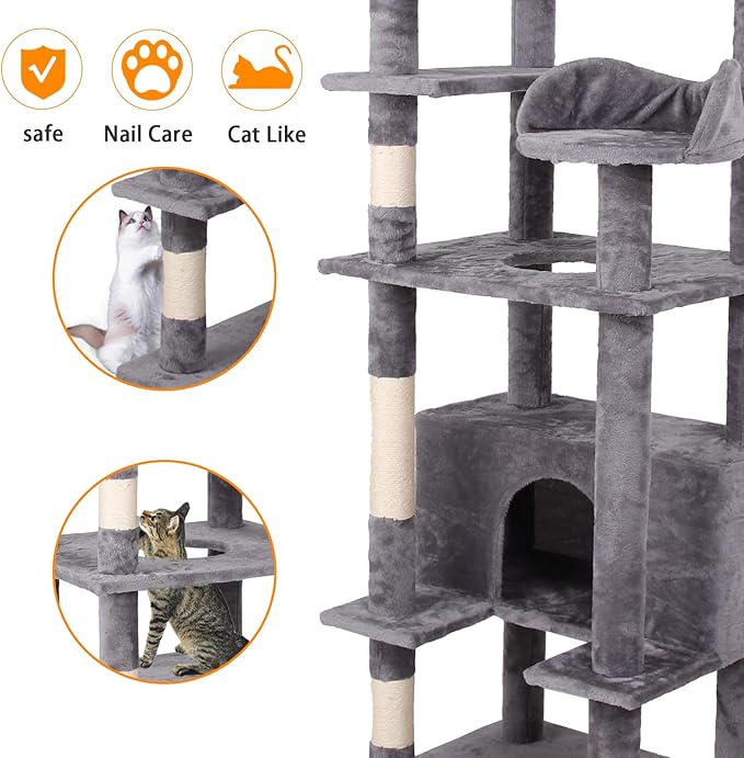 71'' Velvet Cat Climbing Frame, Multi-Level Cats Tree Tower with Scratching Posts, Large Top Padded Perch and Playhouse, Anti-Tipping Devices for Indoor Cats Activity Center (Antique Gray)