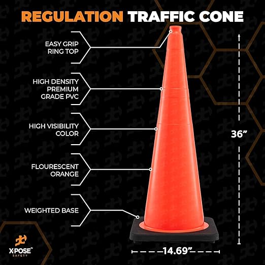 Xpose Safety 36 Inch Orange Traffic Cones Heavy Duty 12lb, 48-Pack - Multipurpose PVC Plastic Safety Cone for Parking, Soccer, Caution, Kids and Construction - DOT Approved