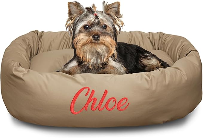 Majestic Pet Personalized 24 Inch Bagel Calming Dog Bed Washable – Cozy Soft Round Dog Bed with Spine Support for Dogs to Rest Their Head - Fluffy Donut Dog Bed 24x19x7 (Inch) - Small – Khaki
