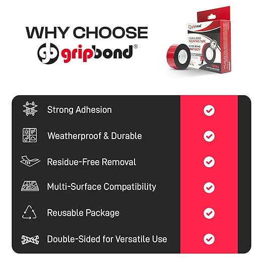GripBond Black Super Bond Heavy Duty Double Sided Tape, 1 Roll (18.3 Ft), 1.2” x 220” – Waterproof Adhesive Mounting Tape for Indoor/Outdoor, Walls, Automotive, Car, LED Strip Lights, Home, Office
