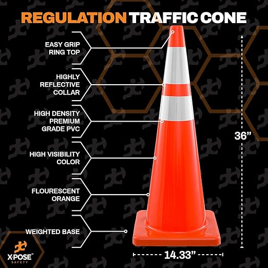 Xpose Safety 36 Inch Orange Traffic Cones with 6" & 4" Collars, 24-Pack - Multipurpose PVC Plastic Safety Cone for Parking, Soccer, Caution, Kids and Construction - DOT Approved
