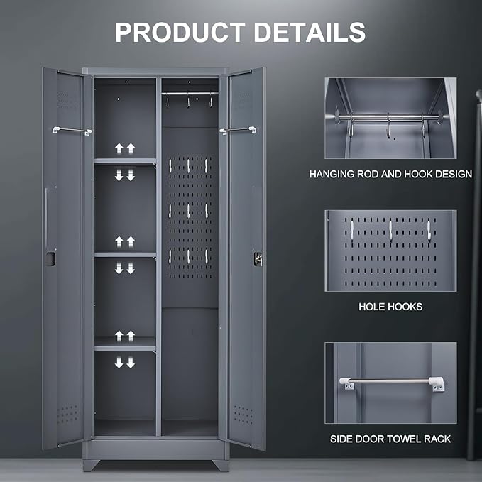 FLEXIMOUNTS 65'' Tall Metal Storage Cabinet with Locking Door, Large Cleaning Tool Organizer for Brooms, Garage, Laundry Room, Bathroom, Dark Grey