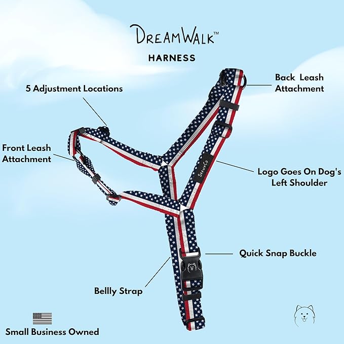 ShawnCo Dream Walk No-Pull Dog Harness- Adjustable, Comfortable, Easy to Use Pet Halter to Help Stop Pulling for Small, Medium and Large Dogs- Art Pattern Designs (Stars and Stripes, S)