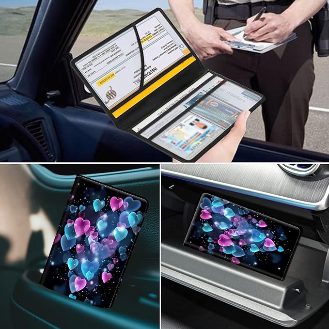 Car Registration and Insurance Holder, Leather Car Glove Box Organizer, Cool Car Accessories for ID, Driver's License Cards & Essential Document,business cards,Men&Women,Color Glitter Love Hearts