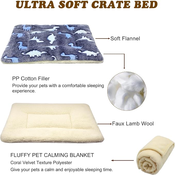 Cat Dog Bed Mat & Blanket, Reversible Pets Crate Pad Bed Mat and Ultra Soft Warm Fleece Calming Blanket for Small Puppy Kitty, Washable