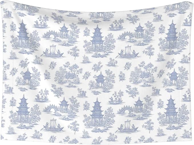 Reversible Plush Dot Pet Blanket for Dogs and Cats, Chinese Style Powder Blue Chinoiserie Toile, Ultra Soft Two Sided Design with Warm Fuzzy Side and Smooth Side for Comfort