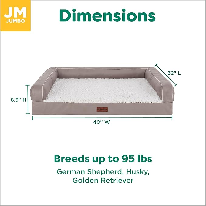 Furhaven Cooling Dog Sofa Bed – Memory Foam Couch with Bolsters, Textured Plush & Water-Resistant Cover, Washable Cover - Greige, Jumbo