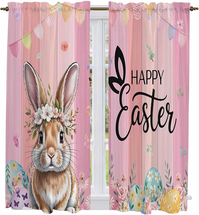 Easter Kitchen Curtains, Spring Rabbit Eggs Flowers Flags Leaves Wood Grain