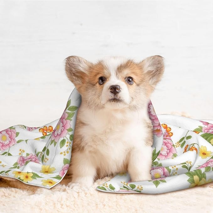 Pet Blanket for Car Rides Vet Visits, Colorful Rowan Berries Blossoming Spring Poppies Pattern, Two Sided Reversible Plush Design with Bumpy Dot Side Offers Comfort Home Piece On Go Travel