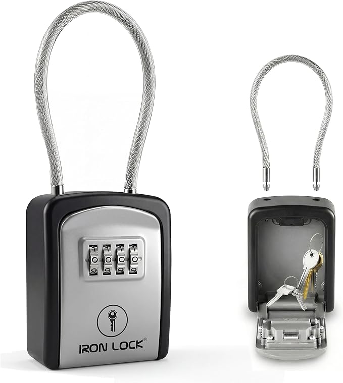 Iron Lock® Key Lock Box Portable with Cable Shackle – Small Waterproof Heavy-Duty Metal Safe with 4-Digit Combination for Spare Keys Outside on Door Knob, Fence, Pipe or Gate (Grey, Small)