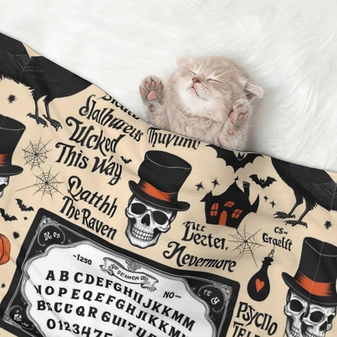 Dog Cat Blanket Double Sided, Halloween Witchcraft Witch Pumpkin Spider Web Bat Raven Magic Board Spirit Skull Skeleton Vintage Black, Plush with Raised Dot Pattern and Smooth Reverse for Cuddling