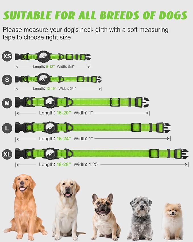 Joytale Airtag Dog Collar, Reflective Pet Collar with Waterproof AirTag Holder, Dual D-Rings, Soft Padded Adjustable for Small Dogs, Green, S
