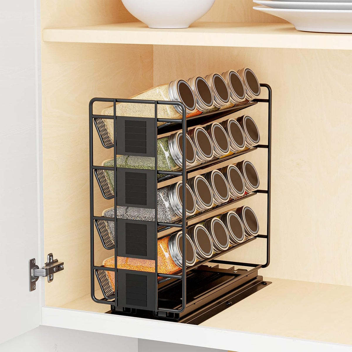 SpaceAid Pull Out Spice Rack Organizer with 20 Jars, Heavy Duty Slide Out Seasoning Organizer for Kitchen Cabinets, with 801 Labels and Chalk Marker, Right Facing