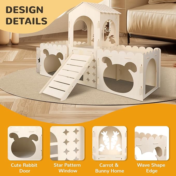 Large Rabbit Castle, Wooden Bunny House & Hay Feeder, Detachable Rabbit Hideaway, Indoor Rabbit Castle with Ramp, Small Animal Houses & Habitats