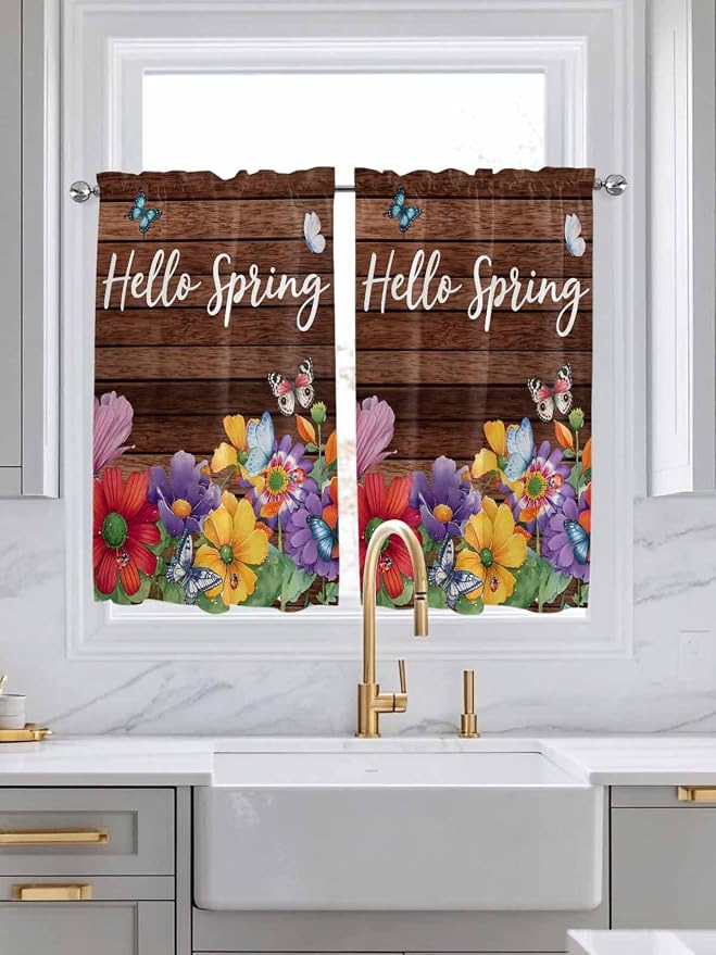 Spring Flowers Tier Curtains 45 Inches Long, Watercolor Farmhouse Colorful