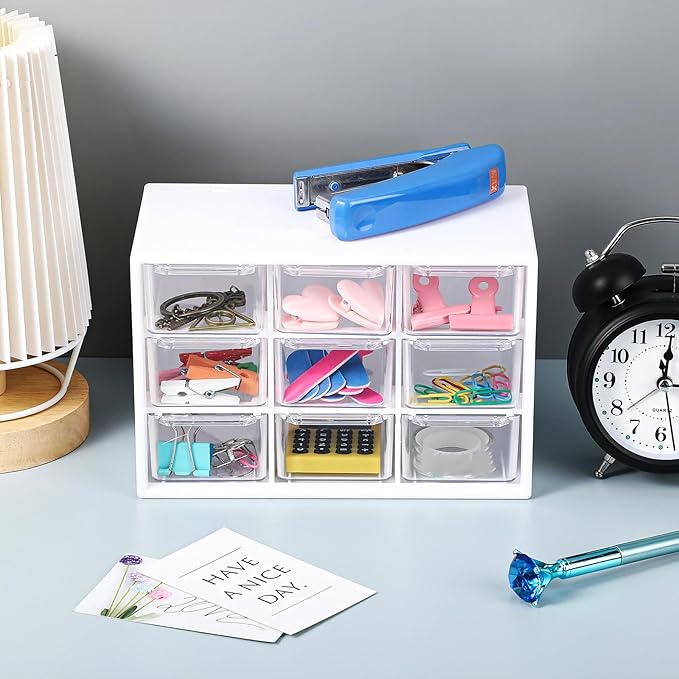 Amyhill 6 Pcs Mini Drawer Organizer Small Organizer with 9 Drawers Plastic Desktop Craft Storage Box for Office Home Room Jewelry Cosmetics Collection(White)