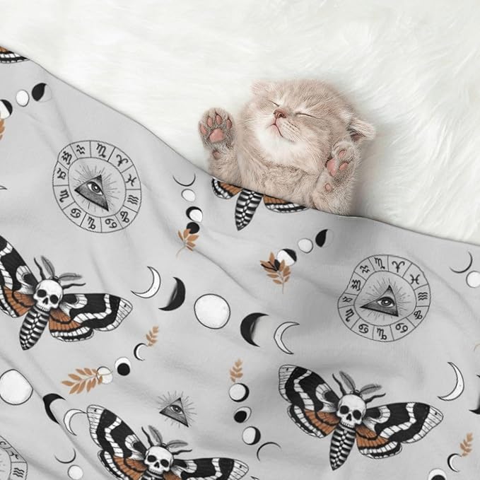 Reversible Plush Dot Pet Blanket for Dogs and Cats, Butterfly Dead Head Sun Moon, Ultra Soft Two Sided Design with Warm Fuzzy Side and Smooth Side for Comfort
