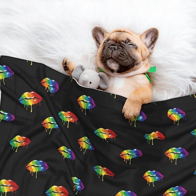 Pet Blanket for Indoor Outdoor Use, LGBT Gay Homosexual Lesbian Rainbow Lips Pride, Two Sided Reversible Plush Mat with Bumpy Dot Texture for Patios Crates Portable Bed Companion