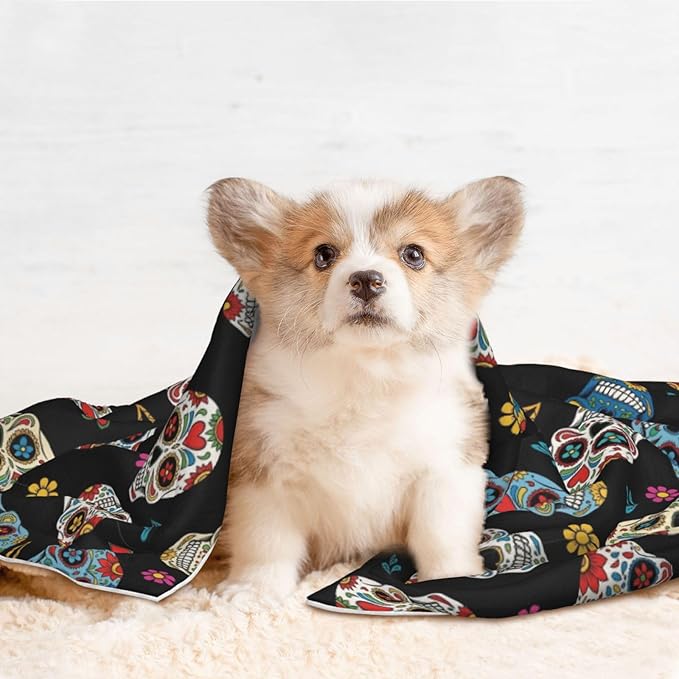Reversible Plush Throw for Dogs and Cats, Day of The Dead Sugar Skull, Double Sided Blanket with Nubby Dot Side and Sleek Side Ideal for Cuddling Nesting Security