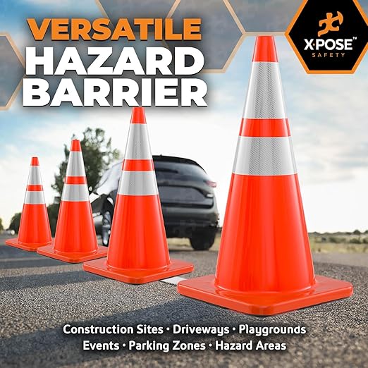 Xpose Safety 28 Inch Orange Traffic Cones with 6" & 4" Collars, 12-Pack - Multipurpose PVC Plastic Safety Cone for Parking, Soccer, Caution, Kids and Construction - DOT Approved